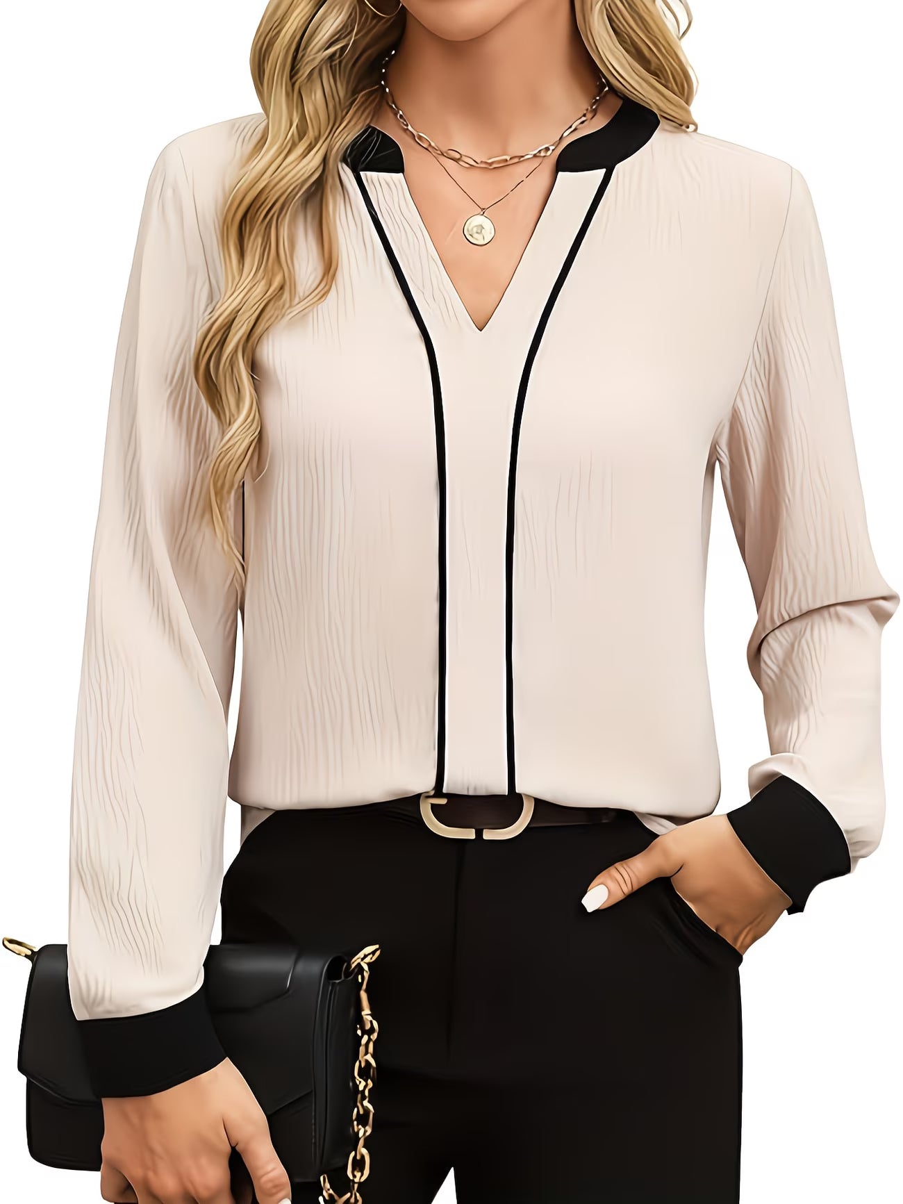 Contrast-Trim Professional Blouse V-Neck Shirt.