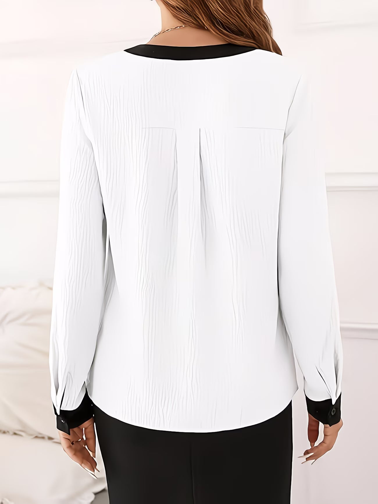 Contrast-Trim Professional Blouse V-Neck Shirt.