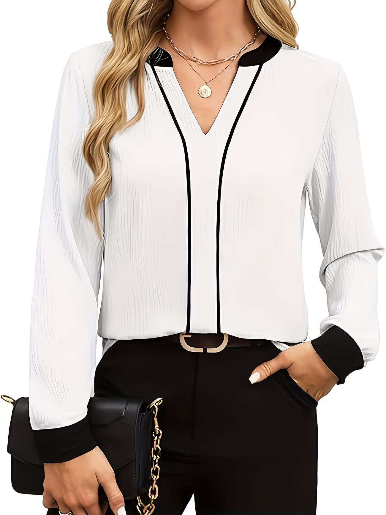 Contrast-Trim Professional Blouse V-Neck Shirt.