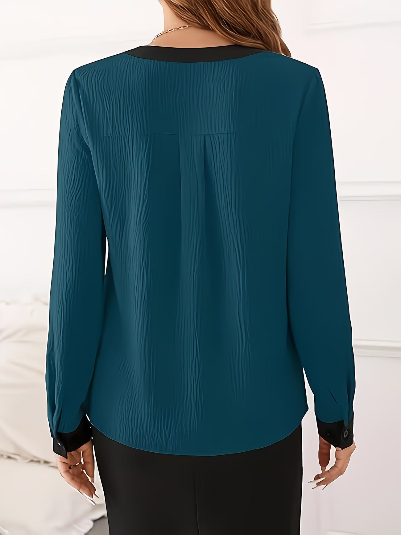Contrast-Trim Professional Blouse V-Neck Shirt.