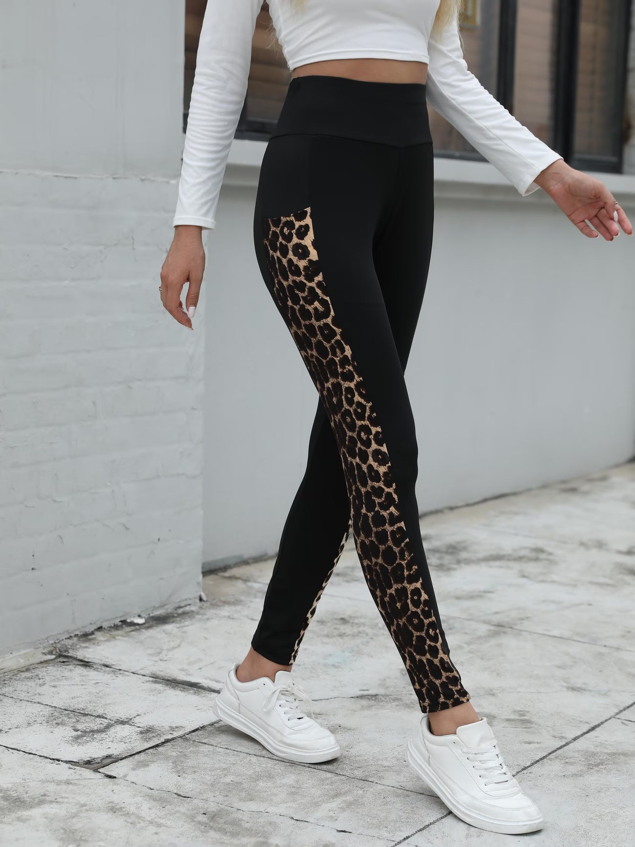 Contrast Leopard Color-Block Leggings.