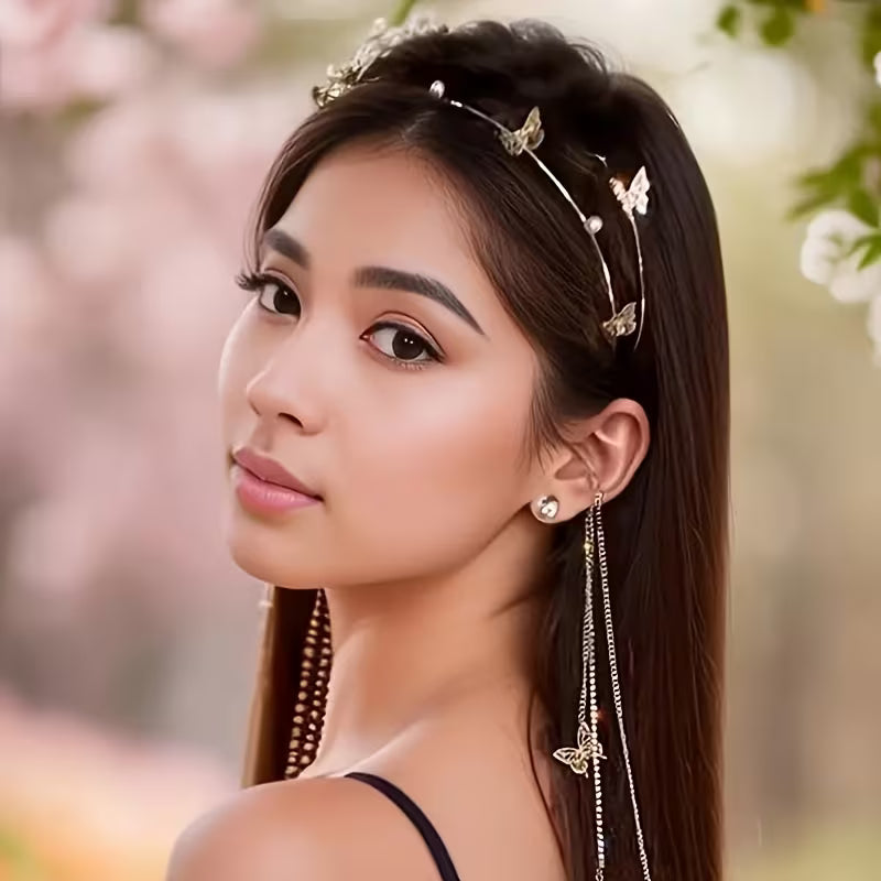 Rhinestone-Encrusted Butterfly Fairy Tassel Headband.