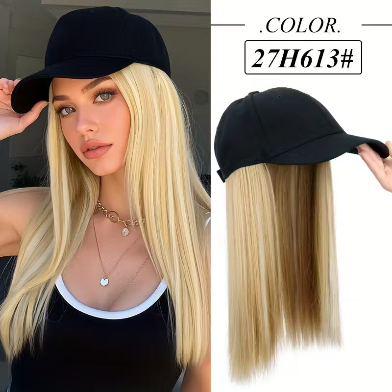 Easy-Wear Baseball Hat Long Straight Black Cap Wig.