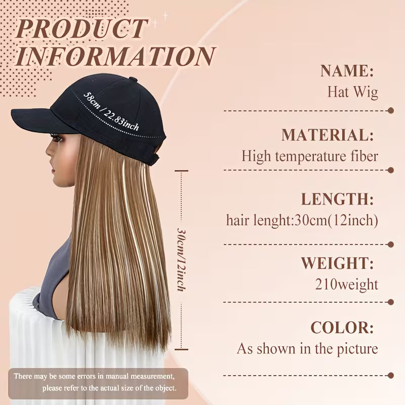 Easy-Wear Baseball Hat Long Straight Black Cap Wig.