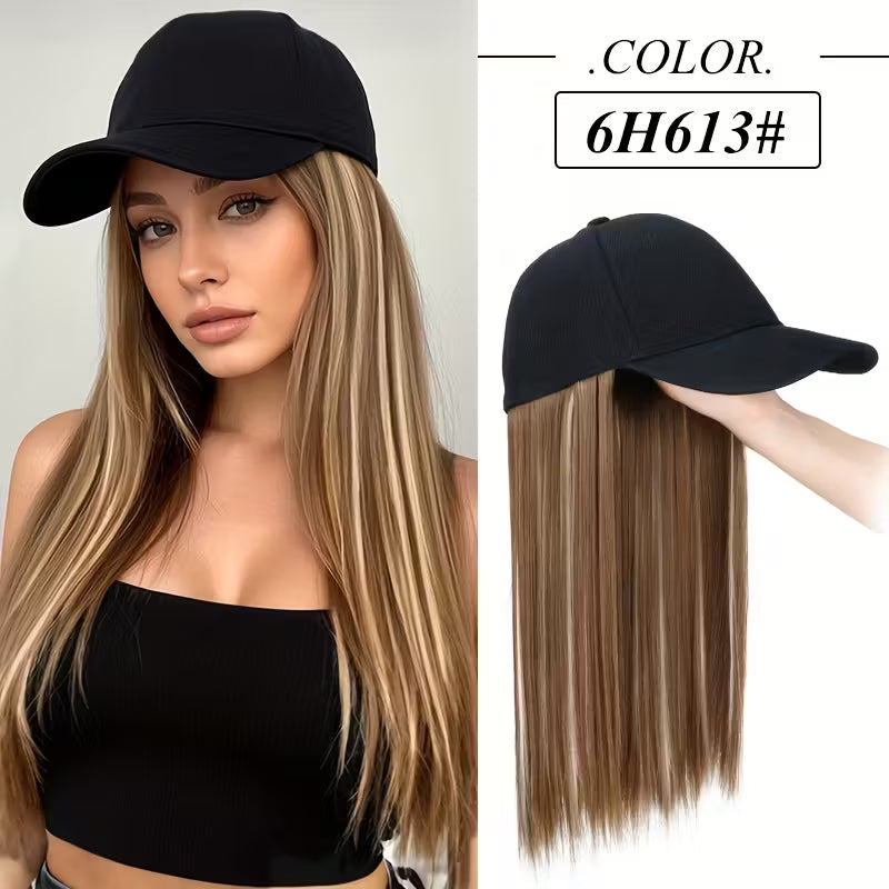 Easy-Wear Baseball Hat Long Straight Black Cap Wig.
