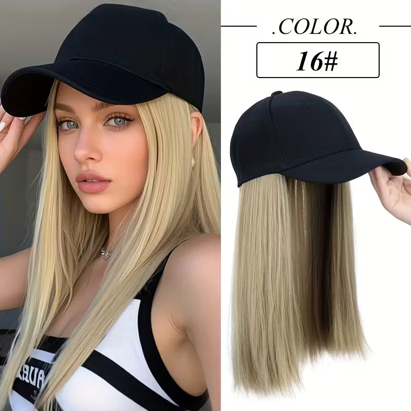 Easy-Wear Baseball Hat Long Straight Black Cap Wig.