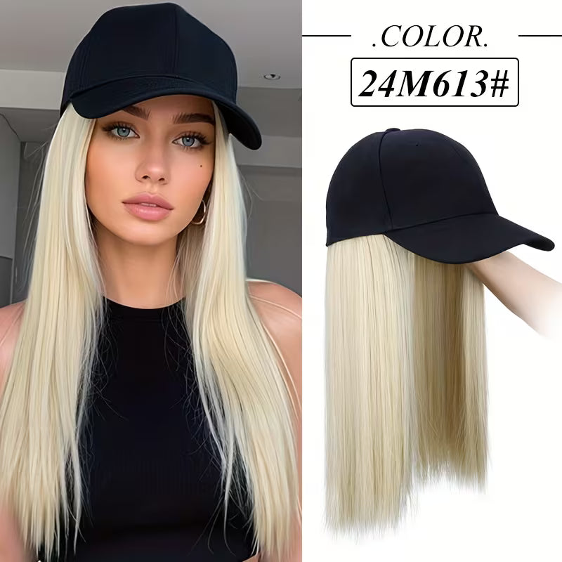 Easy-Wear Baseball Hat Long Straight Black Cap Wig.