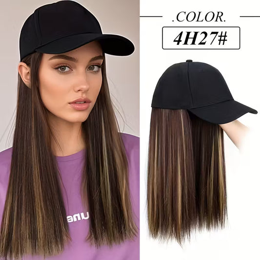 Easy-Wear Baseball Hat Long Straight Black Cap Wig.