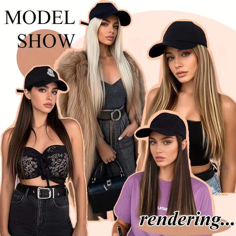 Easy-Wear Baseball Hat Long Straight Black Cap Wig.