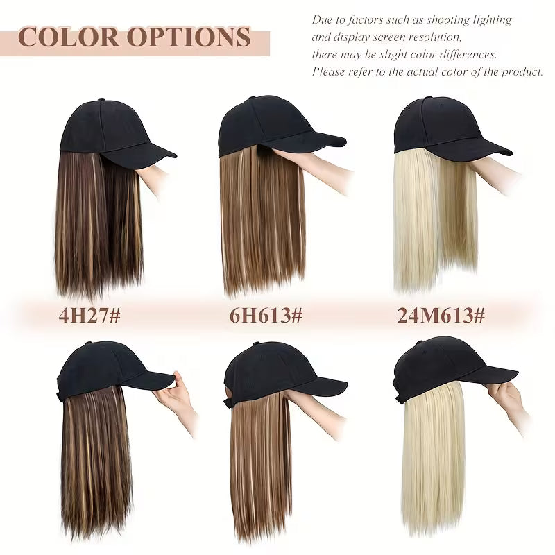 Easy-Wear Baseball Hat Long Straight Black Cap Wig.