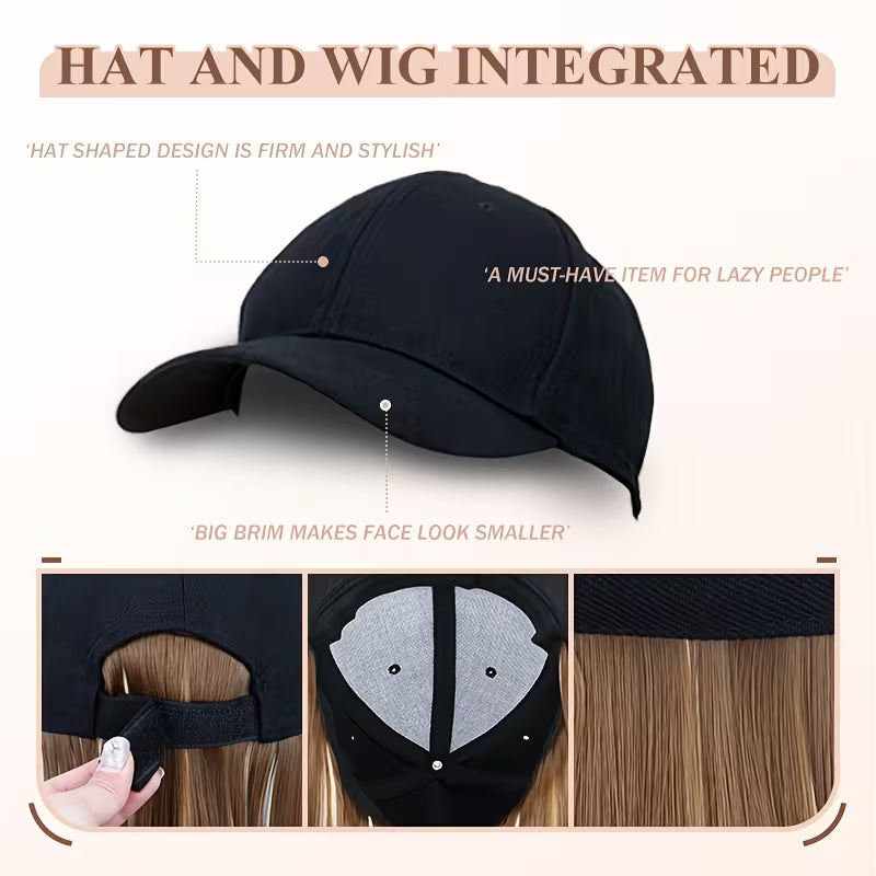 Easy-Wear Baseball Hat Long Straight Black Cap Wig.