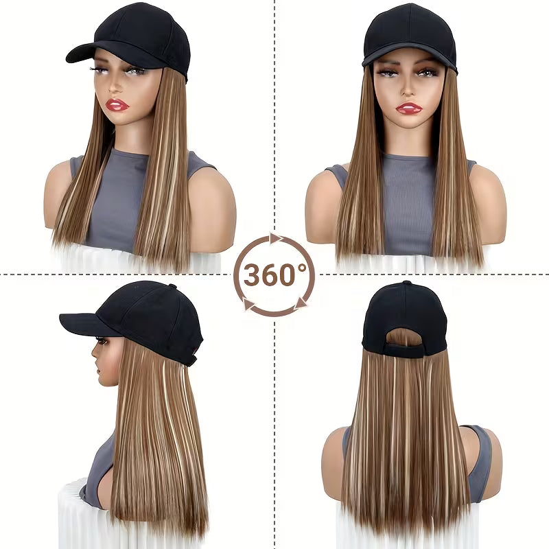 Easy-Wear Baseball Hat Long Straight Black Cap Wig.