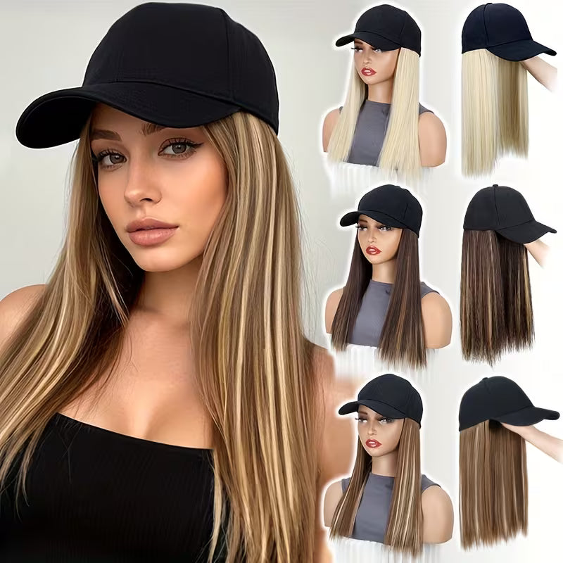 Easy-Wear Baseball Hat Long Straight Black Cap Wig.