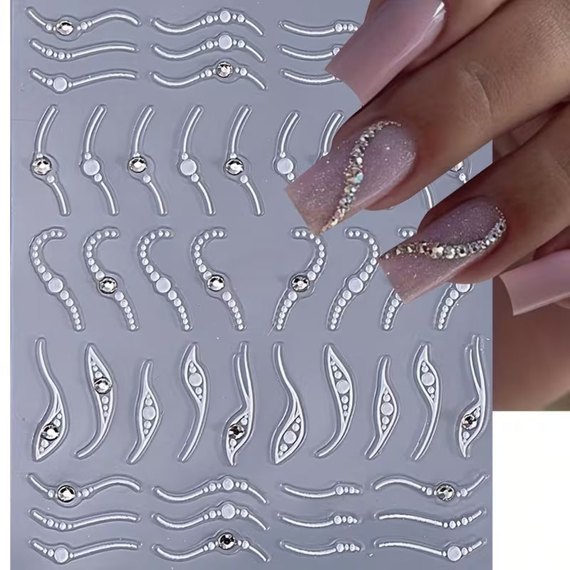 Elegant 3D French Line Nail Stickers with Crystal Rhinestones.