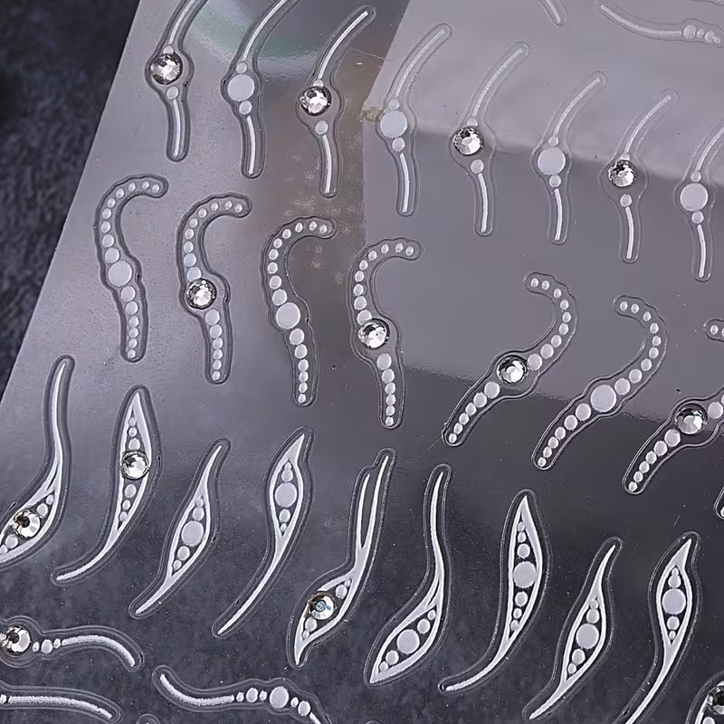 Elegant 3D French Line Nail Stickers with Crystal Rhinestones.