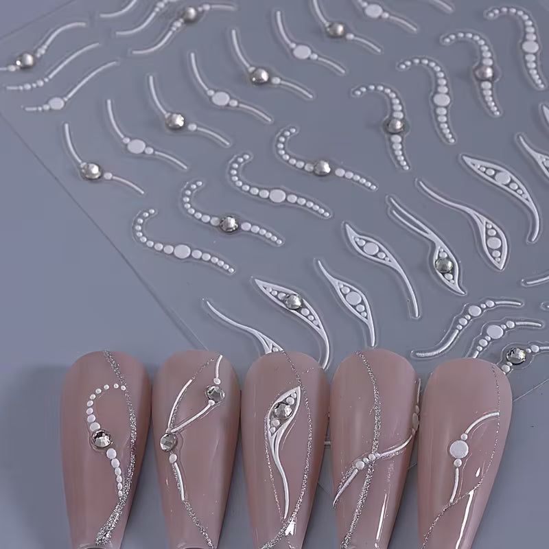 Elegant 3D French Line Nail Stickers with Crystal Rhinestones.