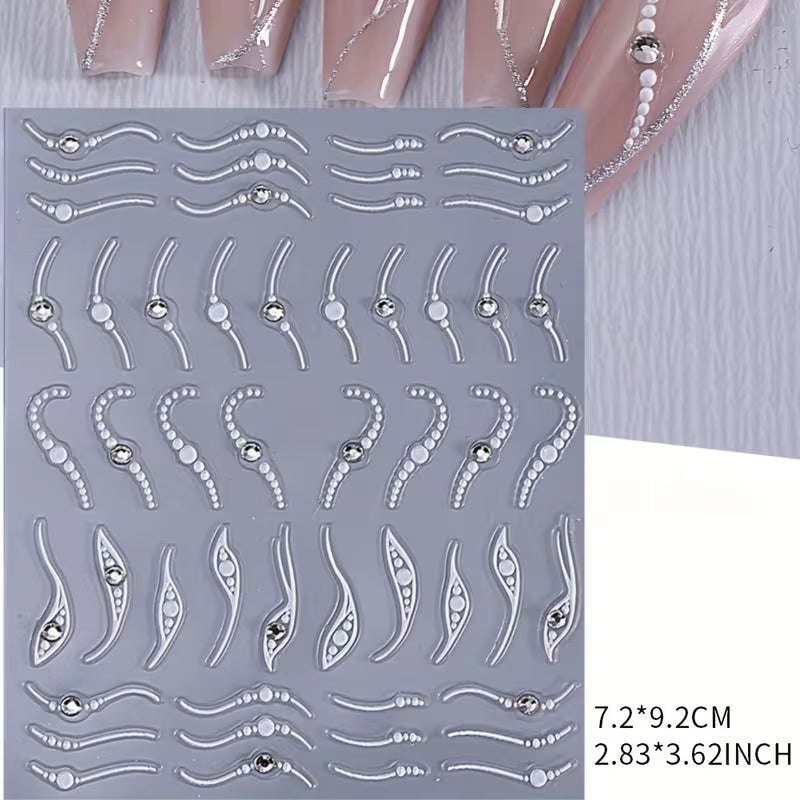 Elegant 3D French Line Nail Stickers with Crystal Rhinestones.