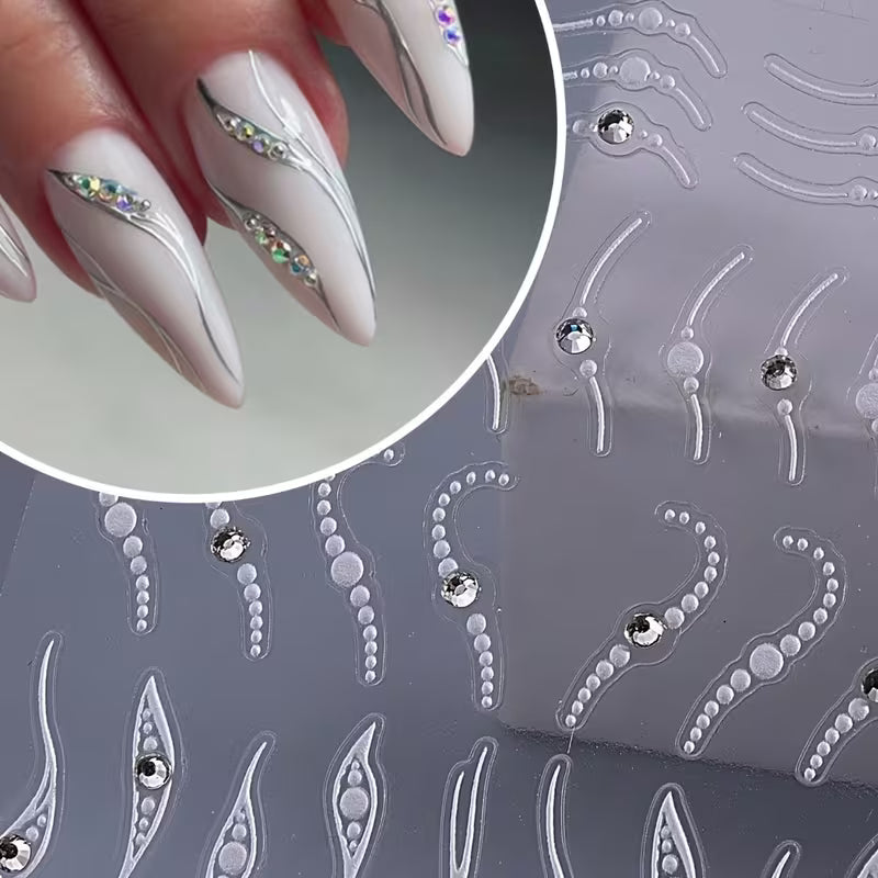 Elegant 3D French Line Nail Stickers with Crystal Rhinestones.