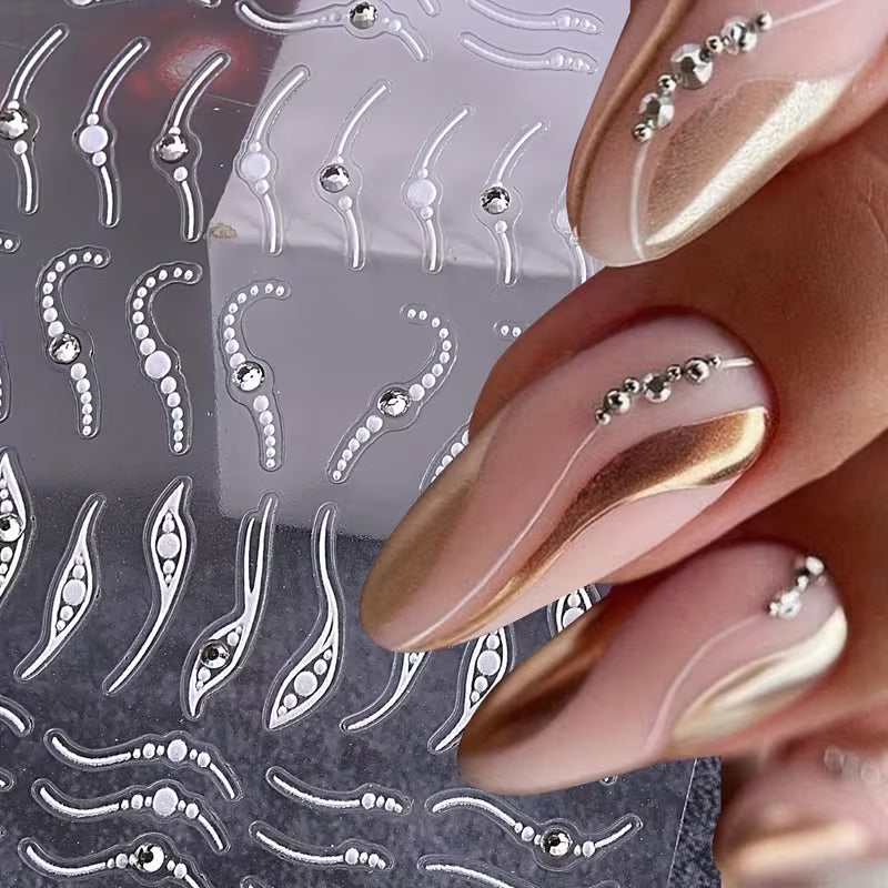 Elegant 3D French Line Nail Stickers with Crystal Rhinestones.