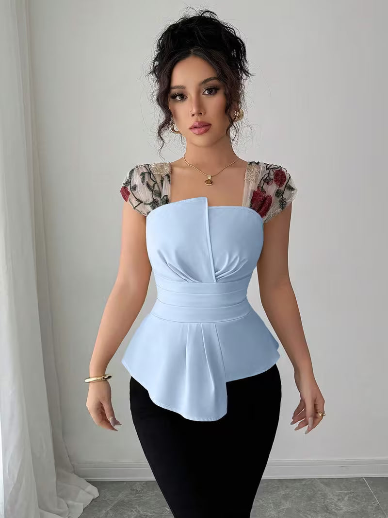 Elegant Asymmetrical Mesh Patchwork Tops.