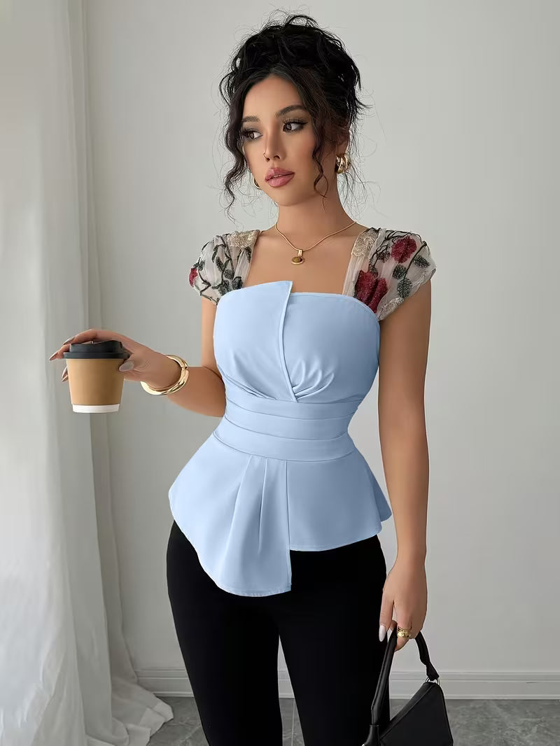 Elegant Asymmetrical Mesh Patchwork Tops.