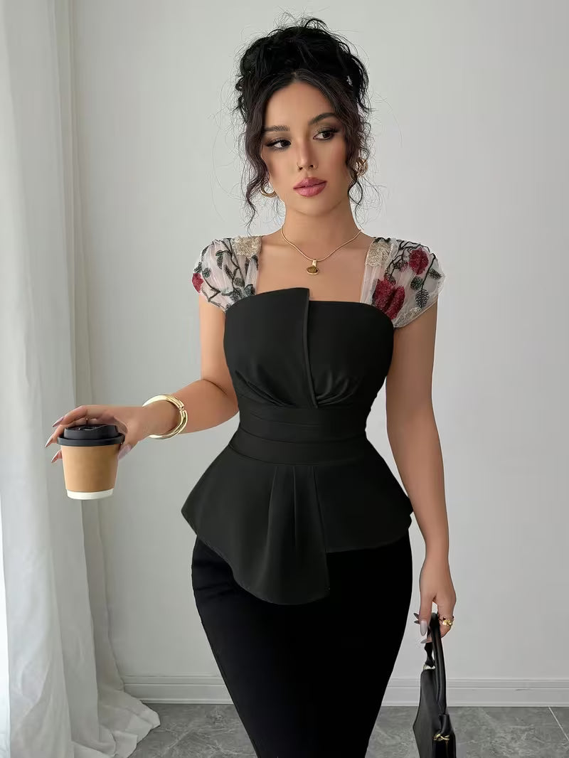 Elegant Asymmetrical Mesh Patchwork Tops.