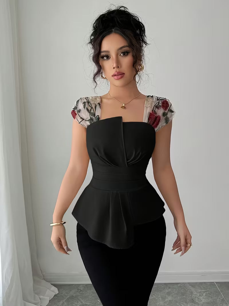 Elegant Asymmetrical Mesh Patchwork Tops.