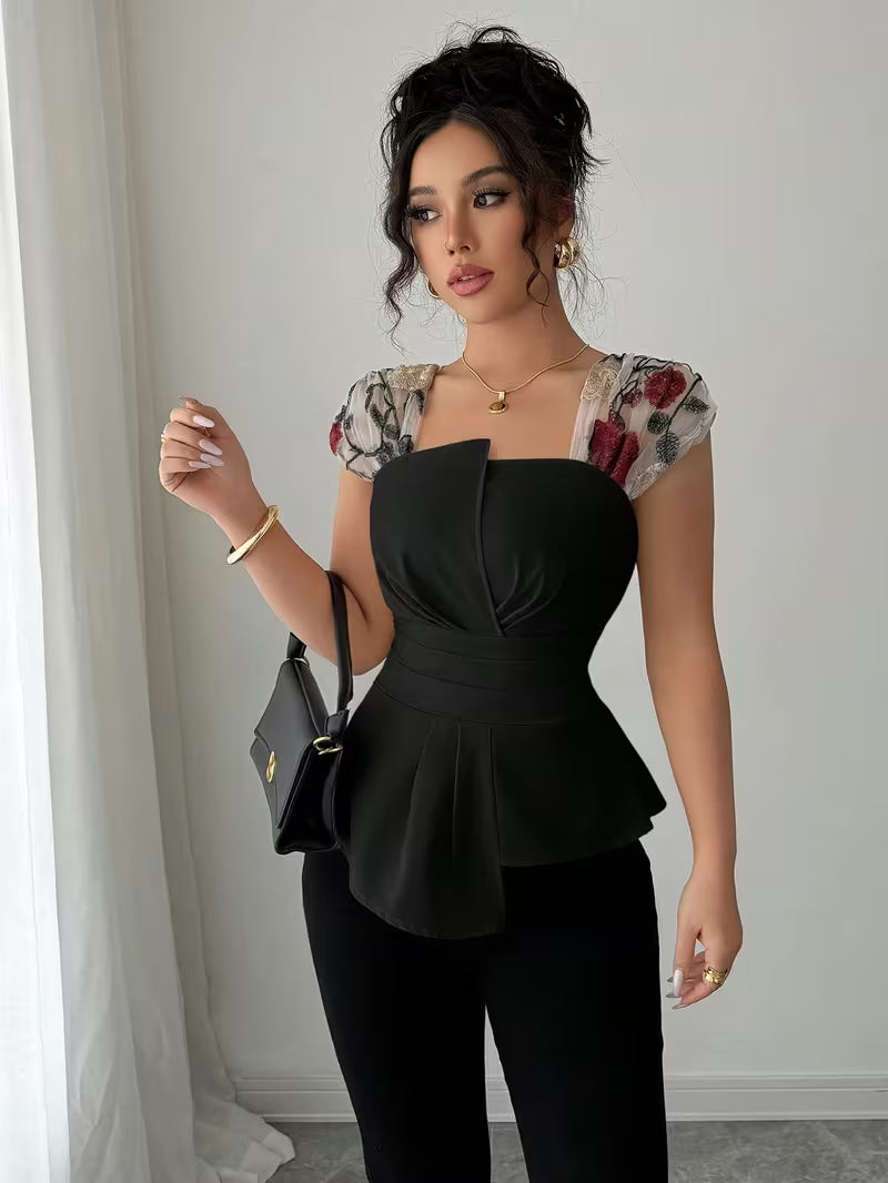Elegant Asymmetrical Mesh Patchwork Tops.