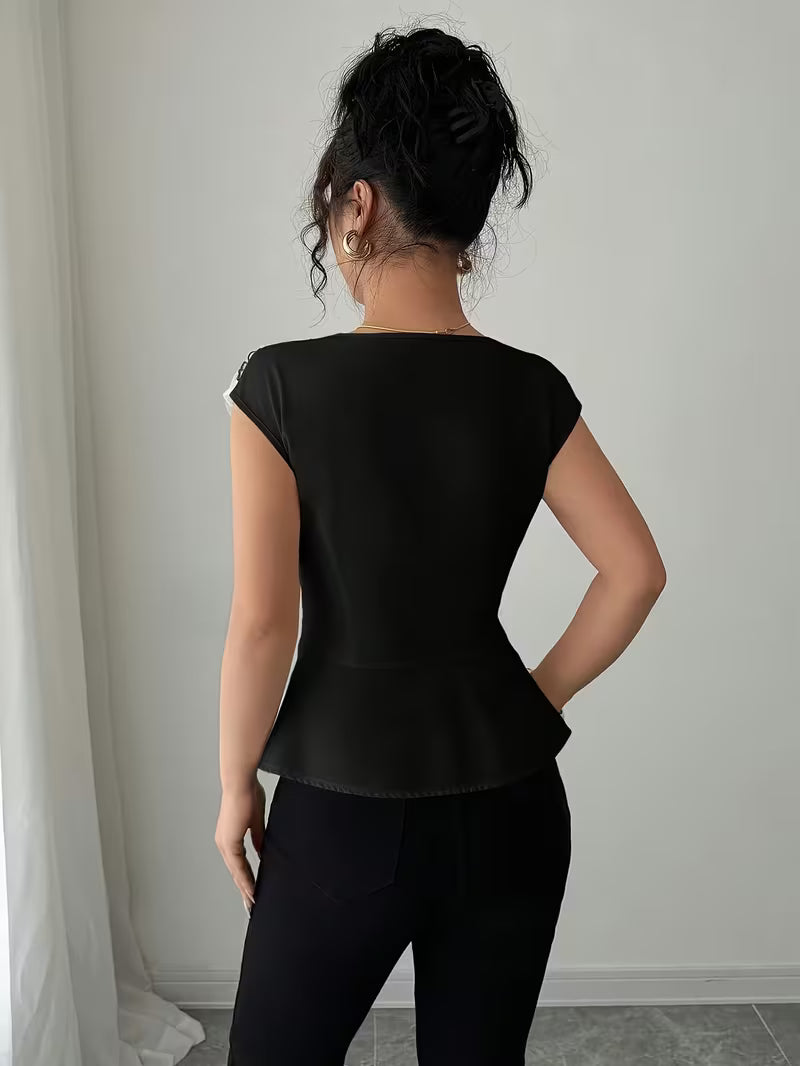Elegant Asymmetrical Mesh Patchwork Tops.