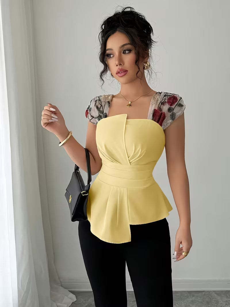 Elegant Asymmetrical Mesh Patchwork Tops.