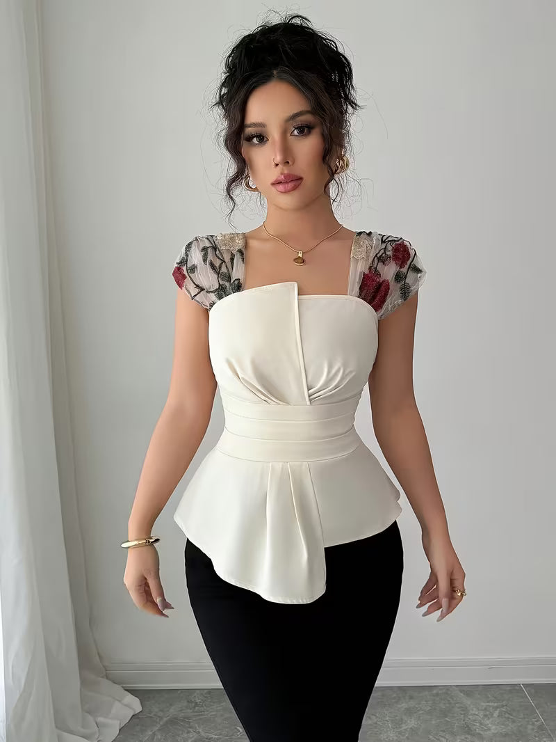 Elegant Asymmetrical Mesh Patchwork Tops.