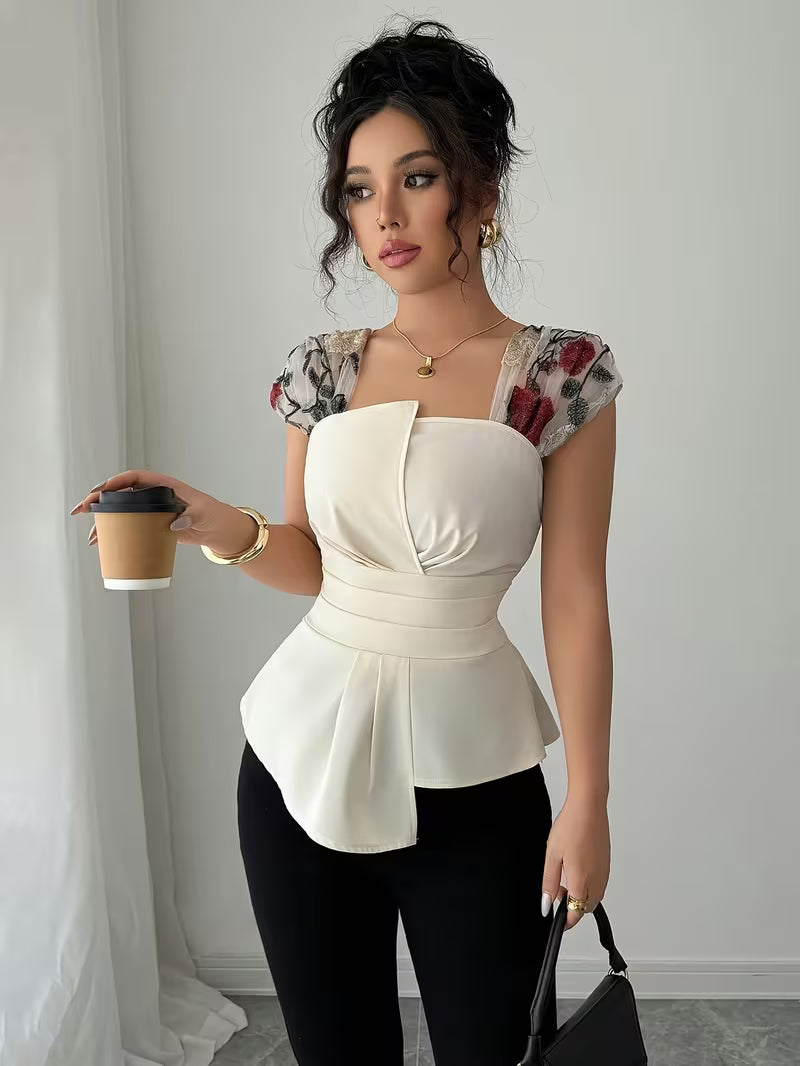 Elegant Asymmetrical Mesh Patchwork Tops.