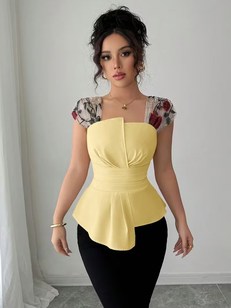 Elegant Asymmetrical Mesh Patchwork Tops.