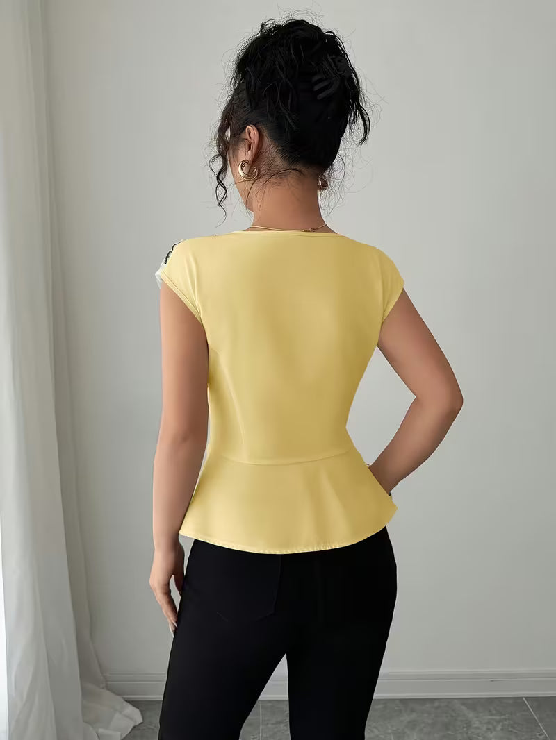 Elegant Asymmetrical Mesh Patchwork Tops.