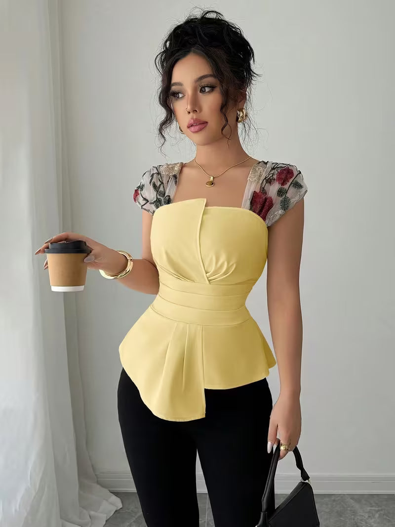 Elegant Asymmetrical Mesh Patchwork Tops.