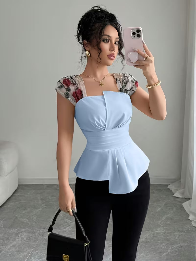 Elegant Asymmetrical Mesh Patchwork Tops.