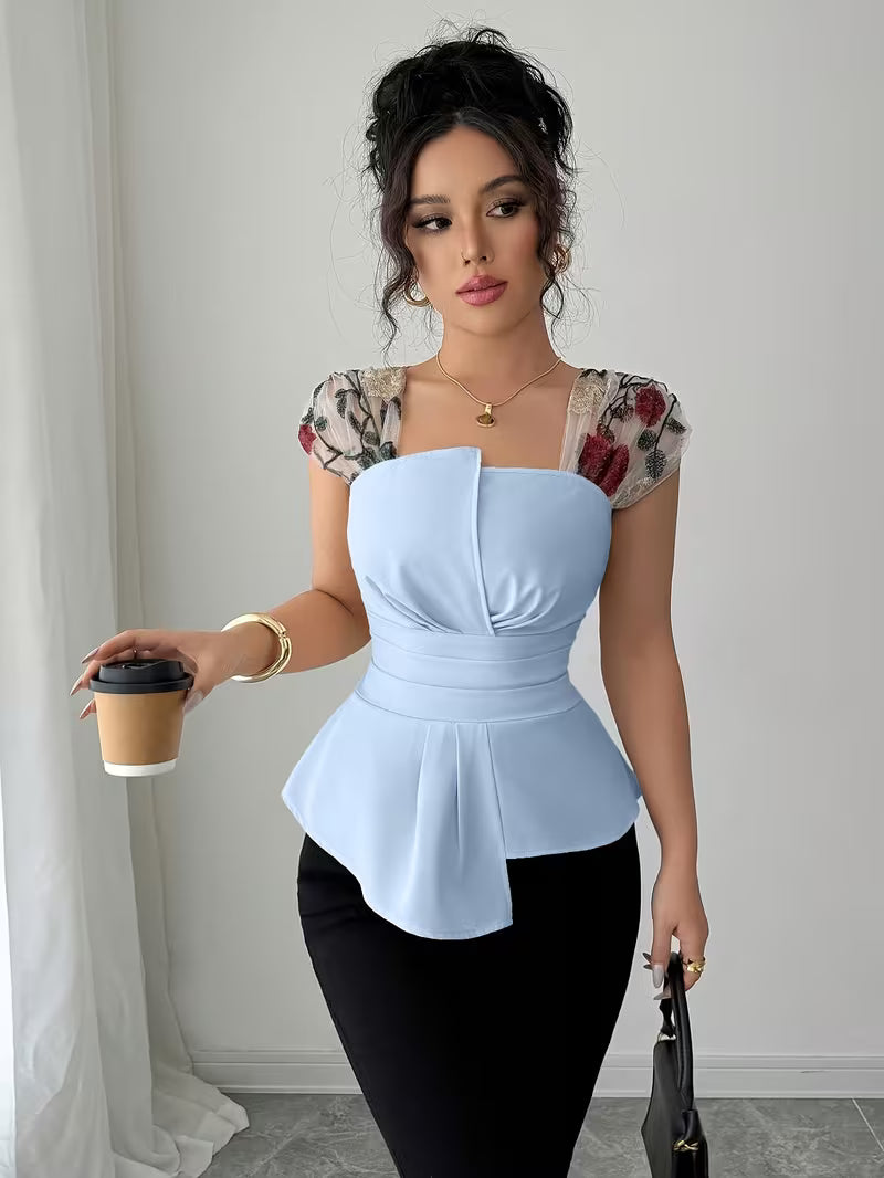 Elegant Asymmetrical Mesh Patchwork Tops.