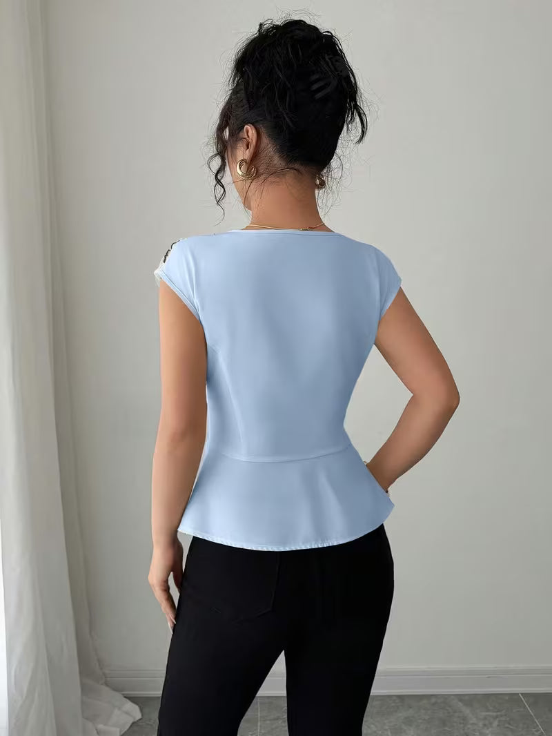 Elegant Asymmetrical Mesh Patchwork Tops.