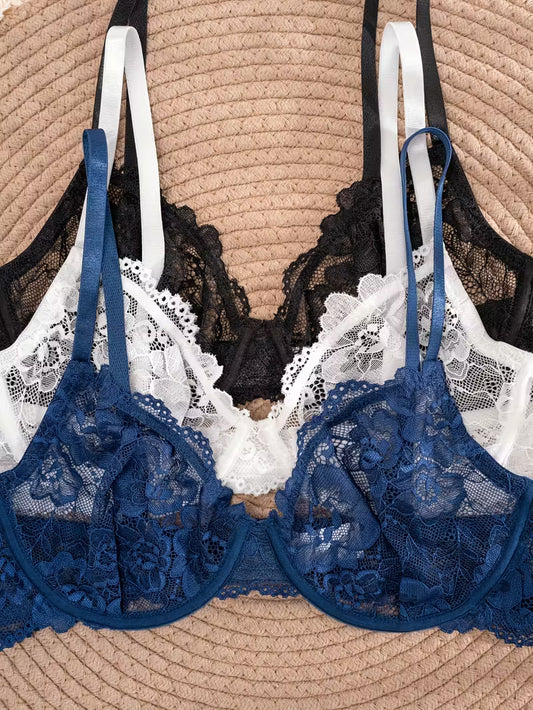 Elegant Comfort 3-Piece Lace-Trim Underwire Bra Set.