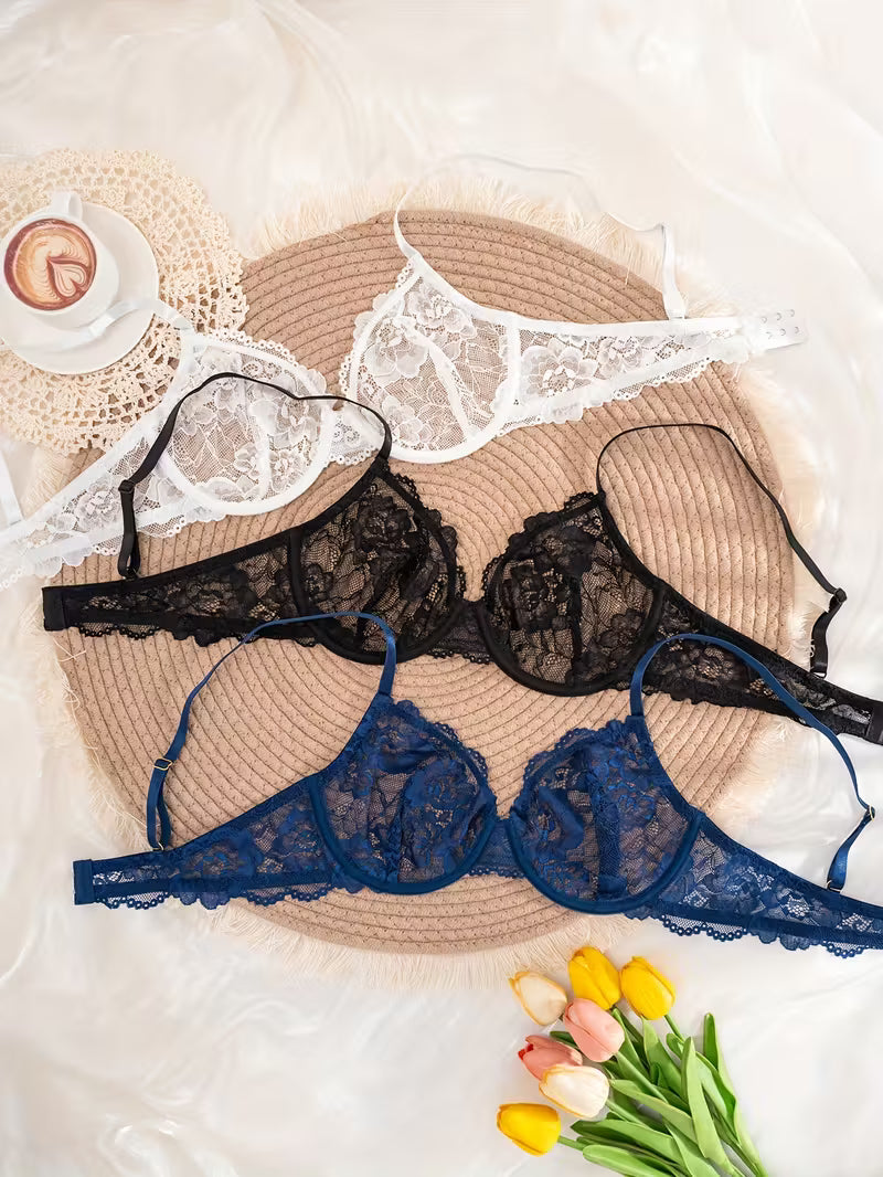 Elegant Comfort 3-Piece Lace-Trim Underwire Bra Set.