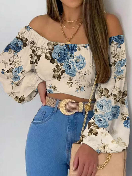 Elegant Floral Lantern Sleeve Tops.