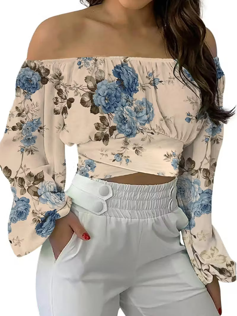 Elegant Floral Lantern Sleeve Tops.