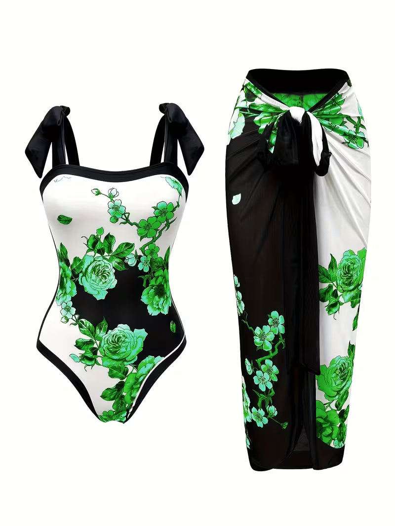 Elegant Floral Print Swimsuit Set.