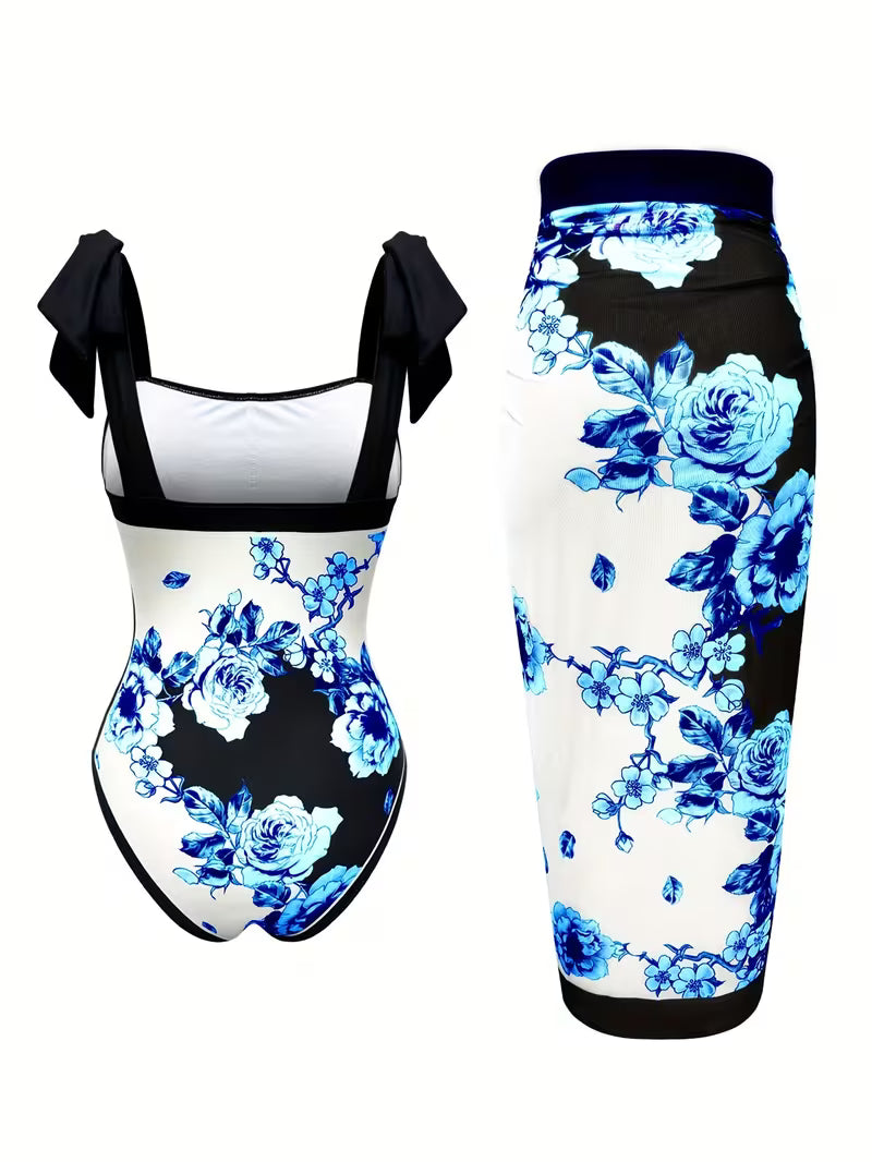 Elegant Floral Print Swimsuit Set.