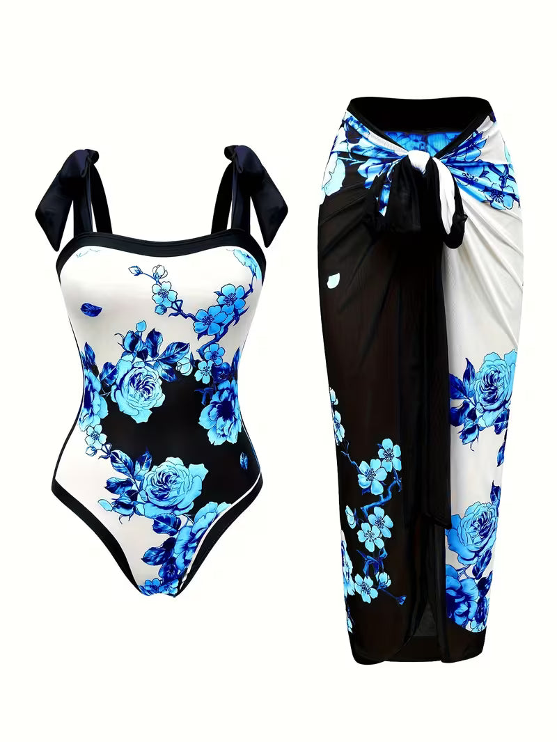 Elegant Floral Print Swimsuit Set.