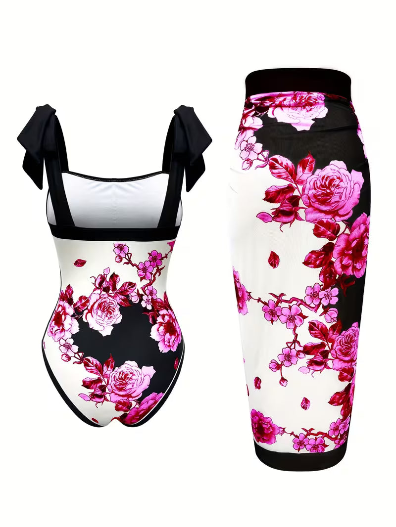 Elegant Floral Print Swimsuit Set.