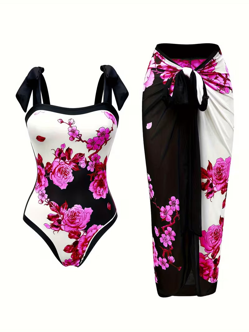 Elegant Floral Print Swimsuit Set.