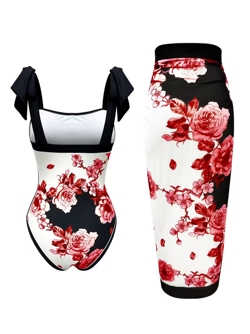 Elegant Floral Print Swimsuit Set.