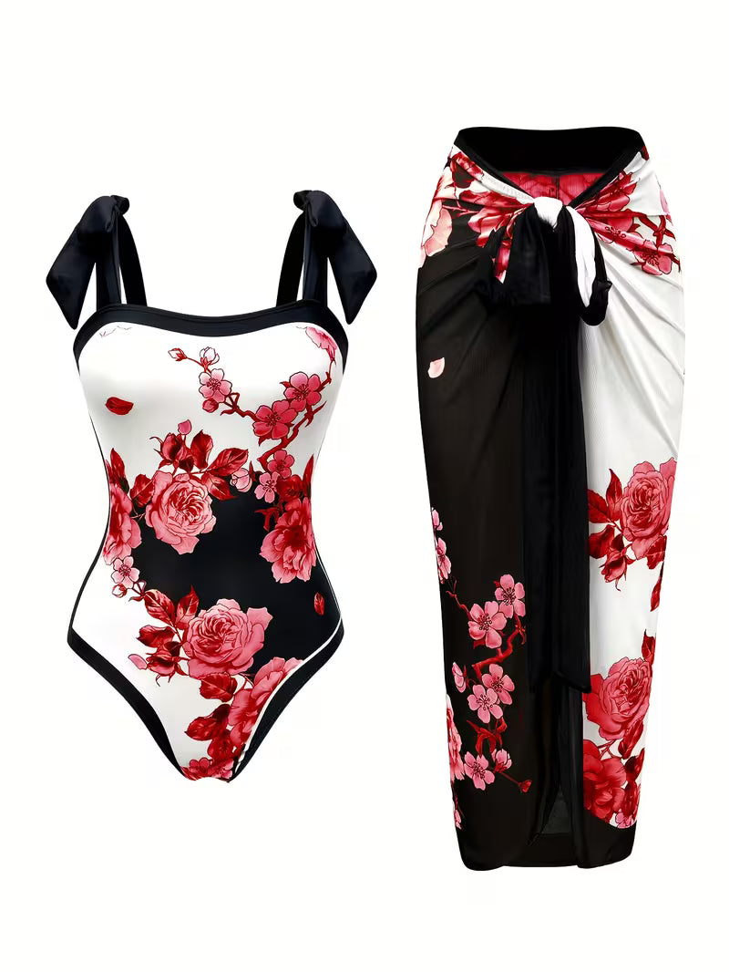 Elegant Floral Print Swimsuit Set.