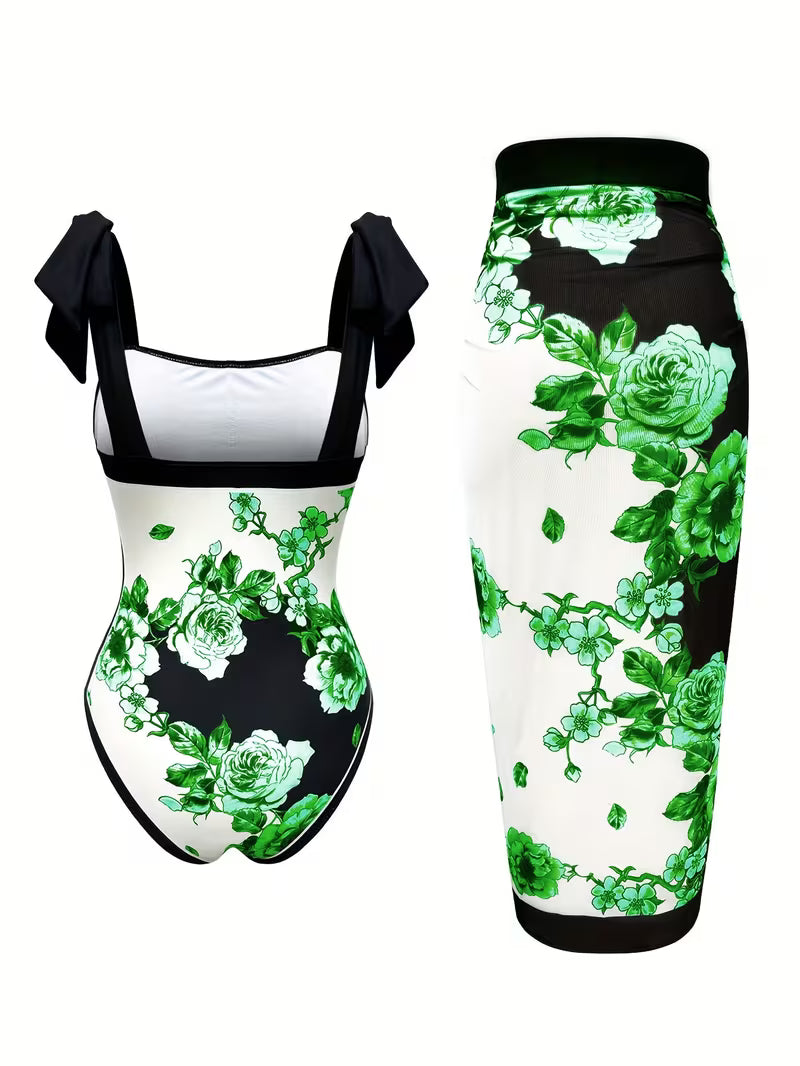 Elegant Floral Print Swimsuit Set.